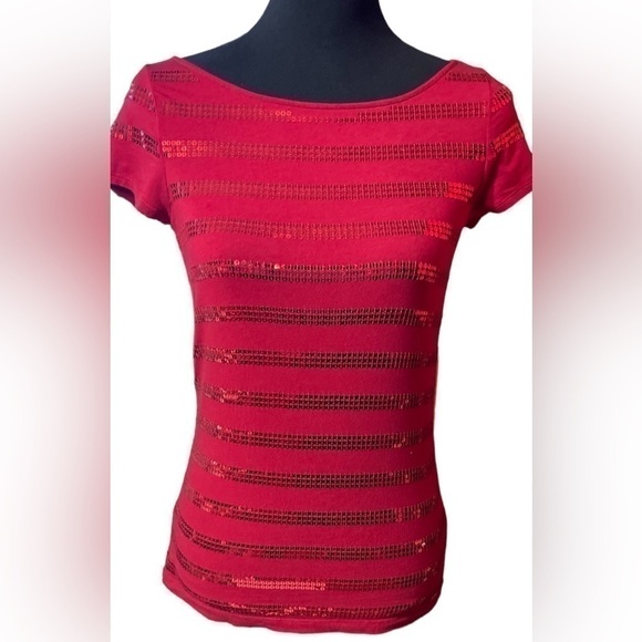 LOFT Ann Taylor Sequin Red Blouse Top Cotton Spandex Blend Valentine’s Day XS - Picture 1 of 16